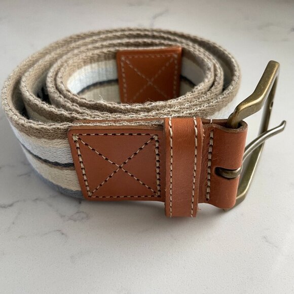 Eddie Bauer Outfitter Stripe Textile Belt Brass Buckle Leather Trim  34"-38" - Picture 1 of 10